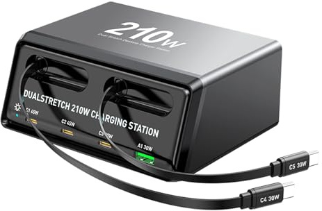 XUMIUZIY Blocco Caricabatterie USB C da 210 W, Stazione di Ricarica da Tavolo a 6 Porte con 2 Cavi USB C Retrattili, Dock di Ricarica Rapida Multiporta GaN per Laptop, Tablet e Te (BLACK)