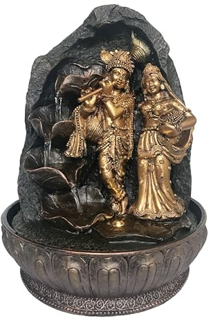 Divine Love Radha Krishna Indoor Tabletop Water Fountain with LED Light, USB Resin Hindu Statue Water Feature for Home, Office, Meditation, Prayer Room & Spiritual Décor, 29cm