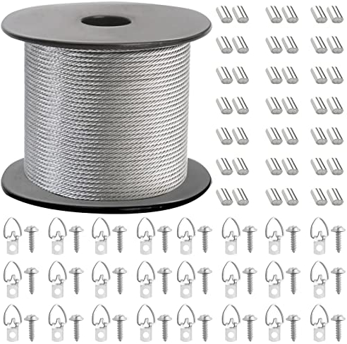 Bilderrahmen Hanging Wire Kit Geflochtene Edelstahl Vinyl beschichtete Drahtspule 1,5 mm x 100 Fuß und 30 Teile D-Ring-Bildaufhänger und 30 Schrauben und 30 Crimp-Röhrchen.