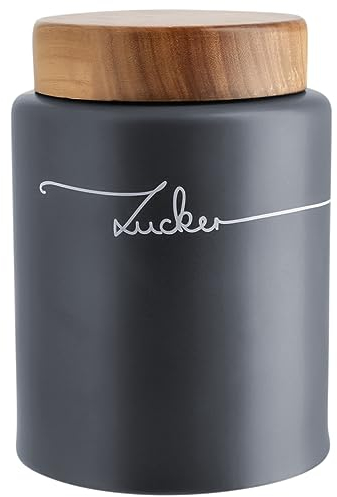 KHG Zucker Aufbewahrung, Zuckerdose Keramik Steingut poliert Anthrazit Grau Holz-Deckel Bambus, Zucker-Vorratsdose 1,5 Lite Kapazität, rund & mit Beschriftung luftdicht, Höhe 16 cm & 11,5 cm
