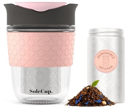 SoleCup. Travel Mug Loose Tea Infuser - Detachable Tea Strainer with Spillproof Lid - BPA-Free Reusable Glass Travel Coffee Cup with Silicone Band (Grey and Pink, 340ml / 12oz)