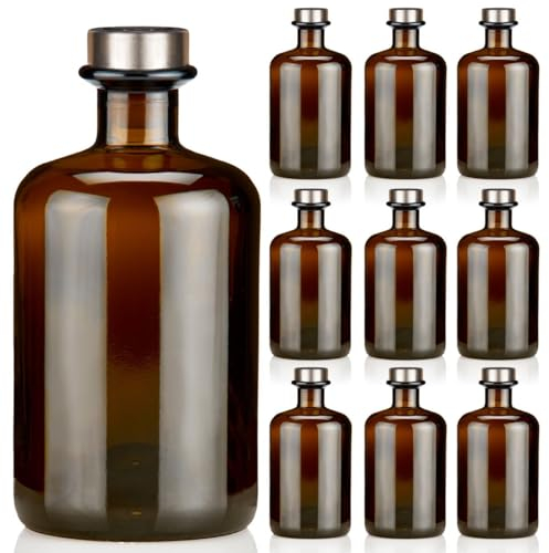 Geniess-Bar! 9x Apothekerflaschen 500ml braun elegante Braunglas Flaschen schwarz antik 0,5L leer PE Korken Titansilber matt Glasflaschen für Öl, Gin, Kräuter Schnaps od. als Geschenk
