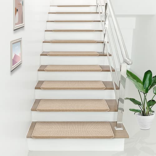 [en.casa] Set de 15 Alfombrillas de Escalera Alfombrillas para Peldaños Autoadhesiva Antideslizante Amortigua Sonidos Protección 65 x 24 + 4cm de Borde Beige