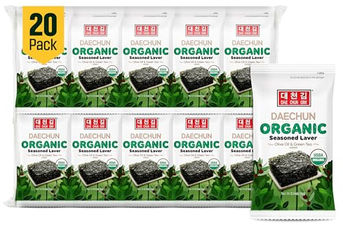 DAECHUN(Choi's1) bocadillo orgánico de algas, paquete de 20, aceite de oliva orgánico, aceite de sésamo orgánico, vegano, ceto, sin gluten, producto de Corea…