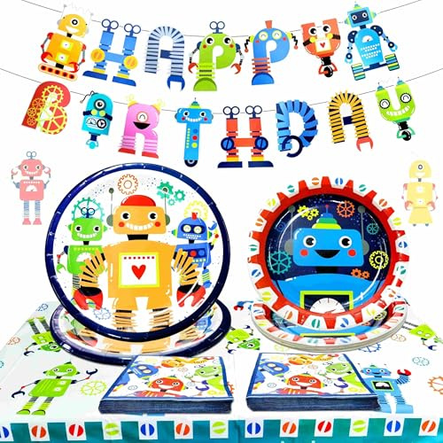 JeVenis Roboter Geburtstags Deko - Party Teller, Servietten, Girlande & Tischdecke