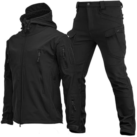 RVUEM Giacca Tattica, Giacche da Caccia Softshell, Uniforme Mimetica Impermeabile dell'Esercito, Tuta Mimetica Militare, Giacca E Pantaloni Tattici da Uomo, Impermeabile, Leggero,Nero,L