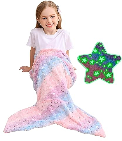 Viviland Kids Mermaid Tail Blanket - Mermaid Tail Blankets Glow in The Dark - Flannel Mermaid Blanket Gifts for Girls - Luminous Star Super Soft Tie Dye Girls Toys - Multicolor Star 17×39