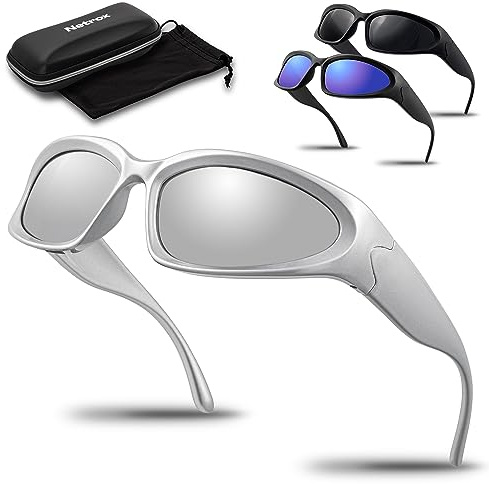 Netrox - Sonnenbrille Herren und Damen Unisex - Sunglasses, ETUI und Mikrofaser Beutel - UV Schutz 400 - Schnelle Sportbrille - Sonnenbrillen, Sunglasses Men, Techno, Rave Brille, Schwarz, Schnell