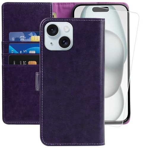 MONASAY for iPhone 15 5G Wallet Case,[Glass Screen Protector Included] [RFID Blocking] Flip Folio Leather Cell Phone Cover with Credit Card Holder case, 6.1-inch, 6.1-inch, Purple