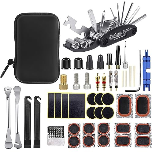 EDIONS Fahrrad Reparatur Werkzeug Set, Fahrrad Reifen Reparatur Werkzeug mit 3 in 1 Ventil-Kernentferner, Fahrradschlauchflicken, Multitool, und Selbstklebendes Fahrrad Flicken mit Tasche