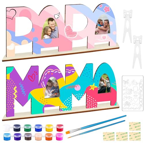 Mama und Papa Holzbuchstaben Bastelset, Mama Papa Geschenk Enkel, Holzbuchstaben Großmutter Großvater Bastelset Holz mit Pinsel und Standhilfe, Geburtstag Weihnachten Geschenk für Großeltern MAMA