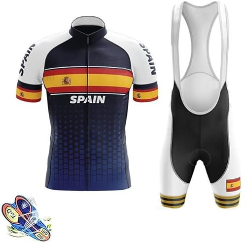 LIFE ESSENTIALS Hombres Jersey Bandera España + Pantalones Cortos Mangas Cortas de Ciclismo Ropa Maillot Transpirable para Deportes al Aire Libre Bicicleta (L)