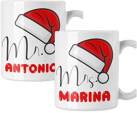 Colorfamily Coppia di tazze Natale Tazza Natalizia PERSONALIZZABILE con nome Babbo Natale Mr e Mrs Christmas Mug 11 Oz Idea Regalo