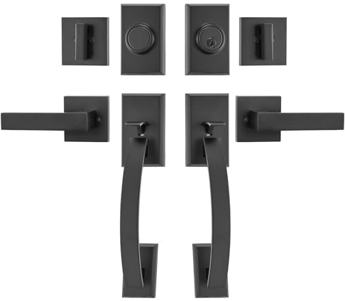 VEVOR Juego de manijas de puerta doble, palanca de puerta arqueada negra mate juego de manijas de puerta delantera doble con palanca de manija reversible juego de cerradura de puerta doble con chupete