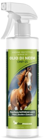 Dermazoo Olio di Neem per Cavalli ONP-21, Repellente Cavalli Antipulci 500ml, per Pidocchi, Zanzare, Zecche, Mosche e Tafani, Lozione Spray Antizanzare Sicura, Naturale e Specifica