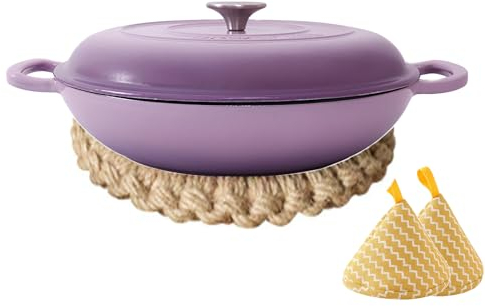 DYHQQ Casseruola in ghisa Forno Olandese Poco Profondo, pentola Adatta al Forno, casseruola in ghisa Poco Profonda con Coperchio Pentola da Forno Olandese Antiaderente 4L
