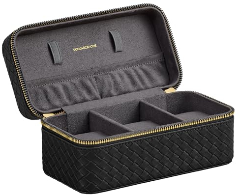SONGMICS HOME Uhrenbox unterwegs, Etui für 3 Uhren, PU im Flechtlook, 10 x 20 x 9 cm, Geschenkidee, RONNE Kollektion, weihnachten, Bezug in Schwarz, Innenfutter in Schiefergrau JWB017G01