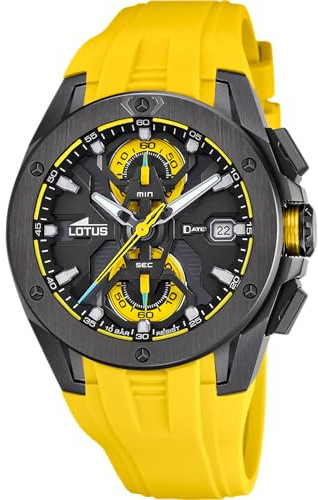 LOTUS Montre Homme Analogique en Acier Inoxydable et Caoutchouc Jaune | Mouvement à Quartz, Chronographe, Calendrier, Verre Minéral Haute Résistance, Étanche 10 ATM 18943/1 Vortex