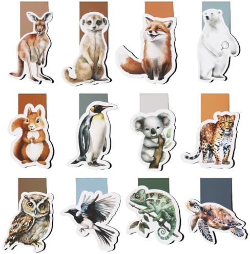 12 Stück Lesezeichen Magnetisch Kinder, Tiere Magnet Lesezeichen, Niedliche Magnetlesezeichen Tiere Magnetische Bookmark Set für Jungen Mädchen Schule Buchliebhaber
