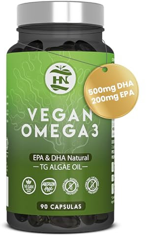 Omega 3 Vegano de Algas Omega3 Aceite de Algas equilibrado con DHA y EPA, Omega-3 Algas Marinas con Vitamina E, Ideal para Cerebro y Corazón, Suplemento para Veganos-Vegetarianos (90)