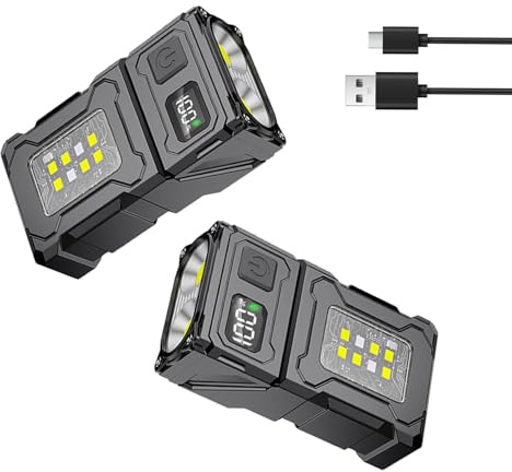 POCKETMAN 2-pack minificklampa LED-nyckelring med digital display, 180° vridbart huvud, 6-lägen, multifunktionell magnetisk ficklampa för räddning, camping, utforskning, nattseende
