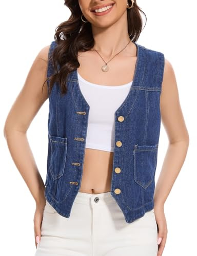 YOUNIFIZ Women's Denim Vest Tops Button Down 2025 Y2K V Neck Sleeveless Button Down Jean Waistcoat Jacket