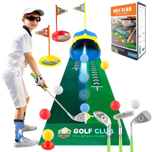 MYDOVA Juego de juguetes de golf para niños, minigolf con 1 dinosaurio automatic Golf Returner, 3 palos de golf escalables, 6 bolas y alfombrilla de putting, juguete deportivo para interior y exterior