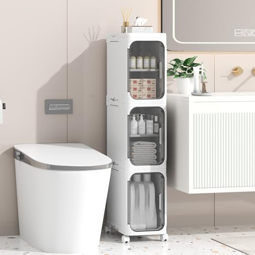 Enjinkail Slim Bathroom Cabinet, Freestanding Plastic Toilet Storage Unit with Door, Waterproof Small Trolley with Wheels for Office, Living Room, Kitchen, Entryway (21W x 97H x 34D cm, 3 Tier)