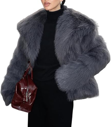 Gihuo Women's Faux Fur Jacket Winter Long Sleeve Fluffy Lapel Furry Shaggy Jacket Coat (US, Alpha, Small, Regular, Regular, DarkGrey)