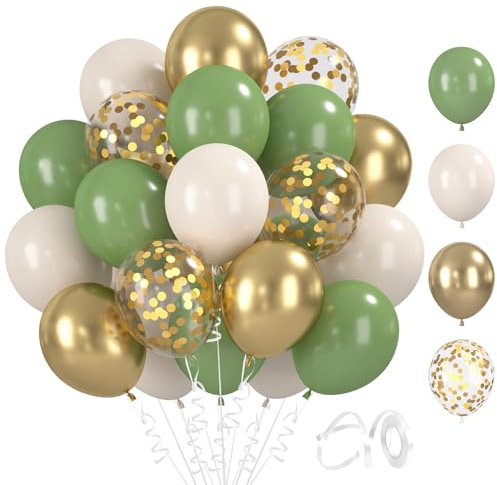 BlooMoo 60 Stück Luftballons Grün Gold Weiß, 12 Zoll Latex Luftballons Avocadogrün Gold, Metallic Ballons und Konfetti Ballons Set, für Geburtstag Hochzeit Party Dekoration