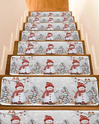 Non Slip Stair Treads for Wooden Steps Gray Christmas Snowman Elk Bird Carpet Indoor Stair Runners, Grid Scarf Pine Tree Berry Step Tread Rugs Adhesive Staircase Mats for Elders, Pets,8x30,15Pack