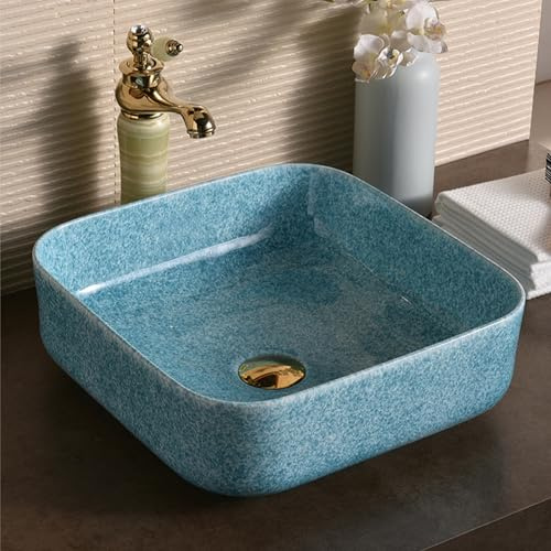Fregadero rectangular de cerámica vintage hecho a mano para encimera de baño, lavabo blanco roto (azul)
