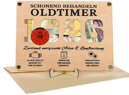 Geldgeschenk 40 Geburtstag, Geschenkverpackung Geburtstagsfest, Lustige Geburtstagskarte, Männer Geschenke Geburtstagsfest, Witzige Geldgeschenke Holz mit Umschlag, 1986 Oldtimer