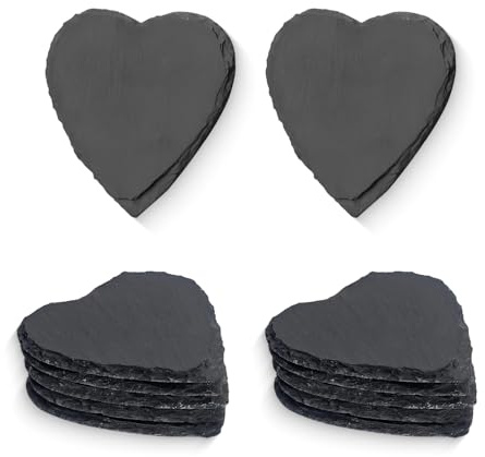 12 Stück Schiefer Untersetzer, 10x10 cm Schieferherz Untersetzer Natur Schieferplatte Servierplatten aus 100% Schiefer für Sushi Steak Käse Tassen Hochzeit Valentinstag