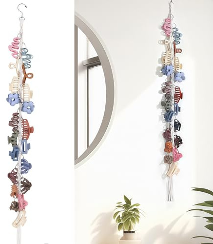 Vesavifaka Makramee Haarklammer Organizer mit drehbarem Haken und 20 Metallringen, Haarklammern Aufbewahrung für Frauen Mädchen, Haarklammer Halter für Wand, Tür, Schrank, Dekoration