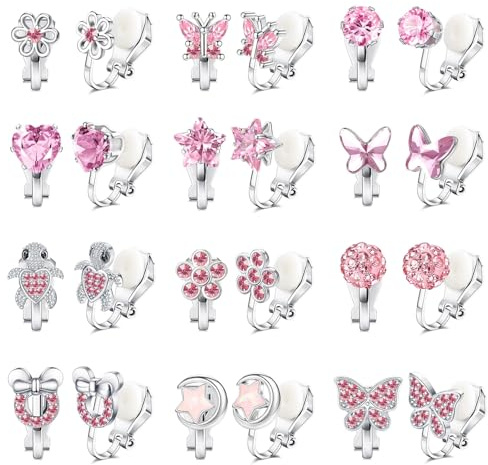 Kakonia Barn clip-on-örhängen för flickor kvinnor allergivänliga söta fjärilar regnbåge pärla blomma hjärta ej genomborrad klämma på flickor örhängen födelsedag jul smycken presenter, Kubisk zirkonia