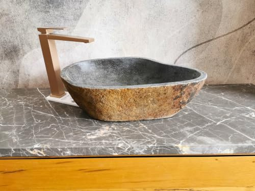 Lavabo Rustico da Appoggio in Pietra di Fiume 50x34x15 cm, Lavandino Naturale Ovale con Foro di Scarico Migliorato