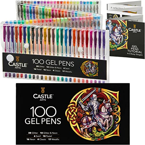 Castle Art Supplies 100-Gelstifte-Profimalset | Premium-Verpackung | Zeichen-, Skizzen-, Notizbücher | Tolle Farben, Effekte – Wirbel, Glitzer, Neon, Pastell, Metallic