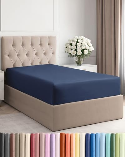 Twin Fitted Bed Sheet - Bottom Single Fitted Sheet Only - Ultra-Soft Hotel Luxury Bedding w/ 8-16 Inch Deep Pockets - Breathable, Cooling & Wrinkle Free - Easy-Fit, Fade & Shrink Resistant - Navy Blue