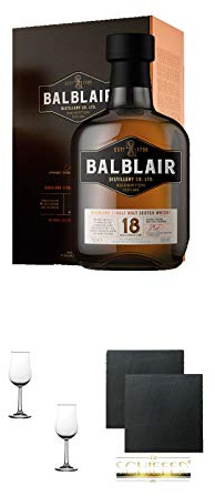 Balblair 18 Jahre 0,7 Liter + Nosing Gläser Kelchglas Bugatti mit Eichstrich 2cl und 4cl - 2 Stück + Schiefer Glasuntersetzer eckig ca. 9,5 cm Ø 2 Stück