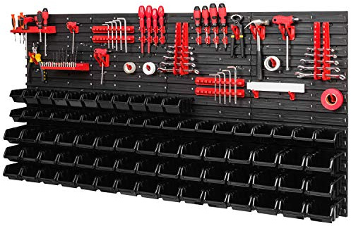 PAFEN Lagersystem - 1544 x 780 mm - Wandregal 75x Schwarz Stapelboxen und 38 stück Rot Werkzeughalter | Wandplatten mit Zubehörteile
