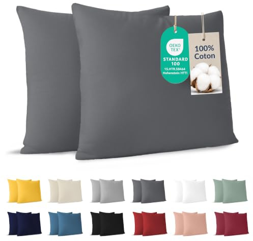 Pillowcases (Set of 2) - For Pillows 65 x 65 cm - Anthracite Cotton, Dreamzie - 100% Jersey Cotton - bedding double bed Pillowcase - Pillow Protector - Resistant and Hypoallergenic