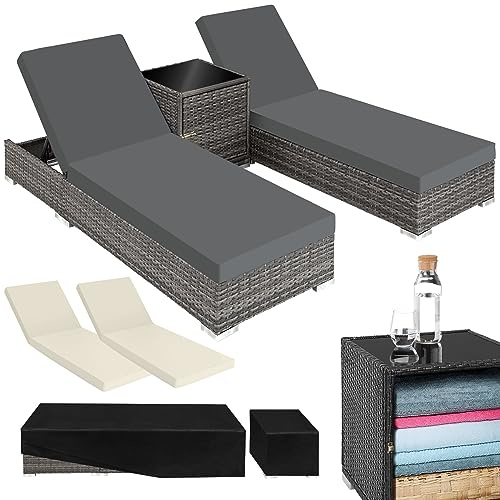 tectake® Set av två Solsängar i rotting med sidobord, rostfri aluminiumram, Solstol med justerbar höjd i 5 Steg, trädgårdsstol med förvaringsmöjligheter, Skyddsöverdrag - Grå