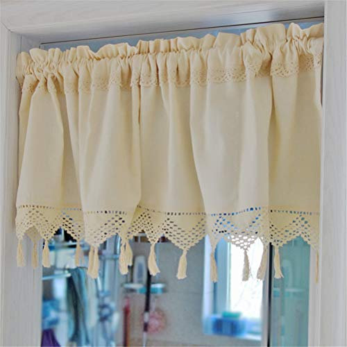 ACMHNC Küche Vorhang Vintage Landhausstil Scheibengardine Beige Baumwolle Leinen Kurzgardinen Bistrogardine Häkeln Quasten Schiebevorhang 1 Stück,Beige,W x H 150x60cm