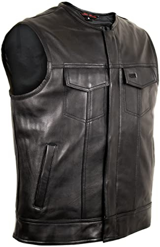 MDM Chaleco de cuero para motociclista sin cuello de piel auténtica, Negro , M