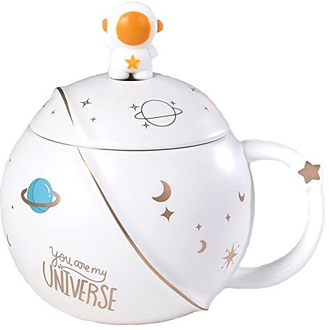 HwaGui Tazze da Caffè Tazze da Astronauta in Ceramica con Coperchi e Cucchiai Tazze da Caffè come Regali Tazza di Porcellana per Caffè Tè Latte Acqua, 450 ml (Bianco)