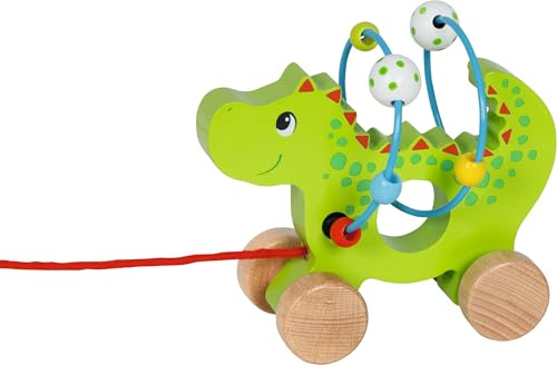 goki 59975 - Ziehtier Drache mit Motorikschleife aus Holz, Nachzieh-Spielzeug mit Tiermotiv, Lernspielzeug inkl. Schnur, Babyspielzeug fördert Koordination und Motorik, 14cm x 8cm x 12cm, ab 1 Jahr
