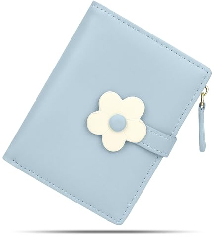 conisy Süß Geldbörse Damen Klein, Dünn Bifold Leder Portemonnaie Damen mit RFID Schutz, Geldbeutel Mädchen mit Reißverschluss Münzfach (Blume blau)