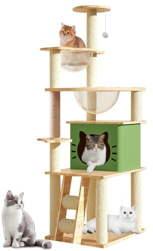 Arbre a Chat Haut 140 cm -Arbre a Chat Beige-avec 2 Capsule Spatiale, 1 Maison pour, Griffoir pour et échelle, 1 Perchoir,1Balle Joue.