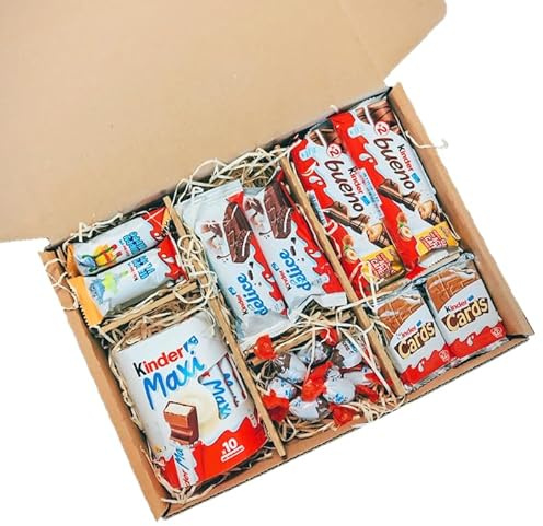 Cestas de chocolate Kinder. Regalo original para amantes del Kinder Bueno, Cards, Ferrero Rocher y las barritas (Biggie)
